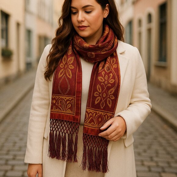 Vintage Echo Silk Tassel Scarf – Rust & Gold Paisley, 80” Bohemian Luxe - Picture 1 of 8